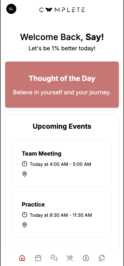 Complete dashboard showing upcoming team events